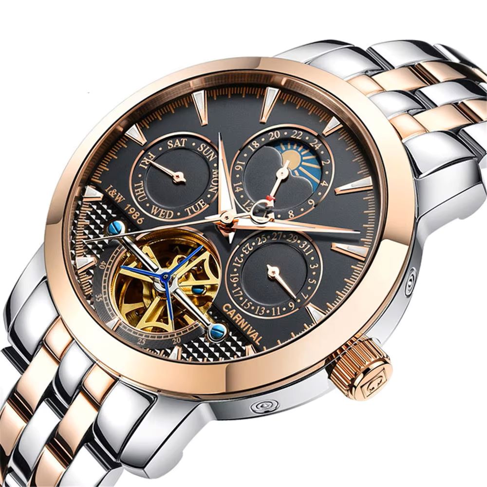 Tourbillon Movement Watch - CARNAVAL Topmerk Luxe Stalen Horloges Zakelijk
