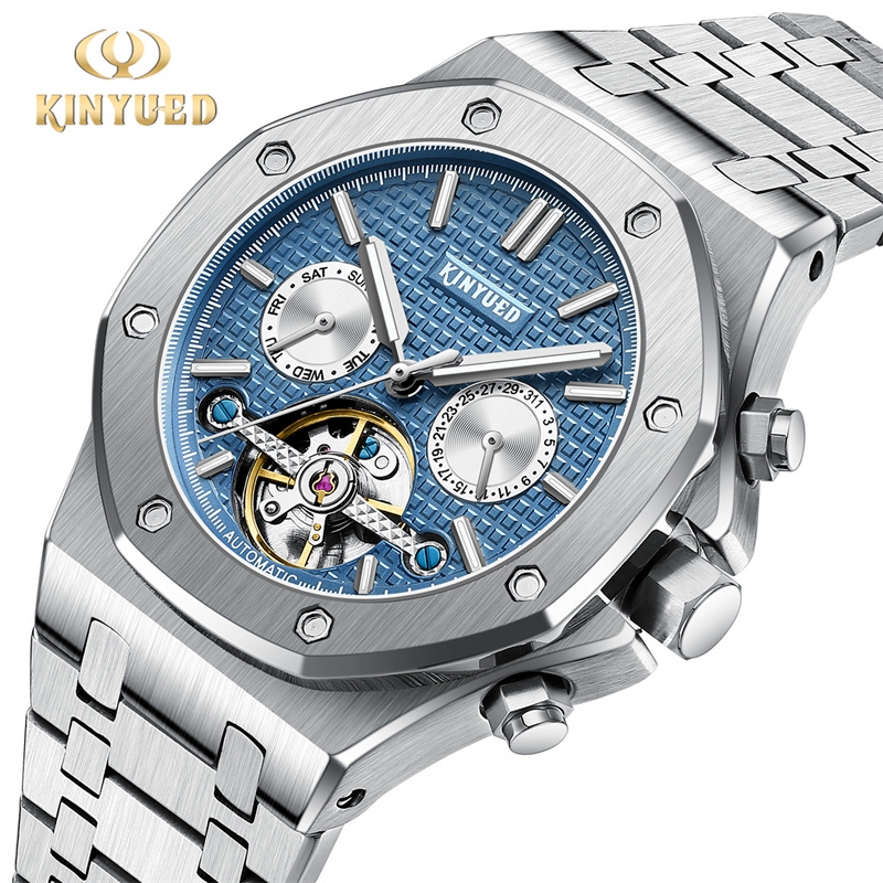Tourbillon Movement Watch - KINYUED Merk Mode Blauw Mechanisch Horloge
