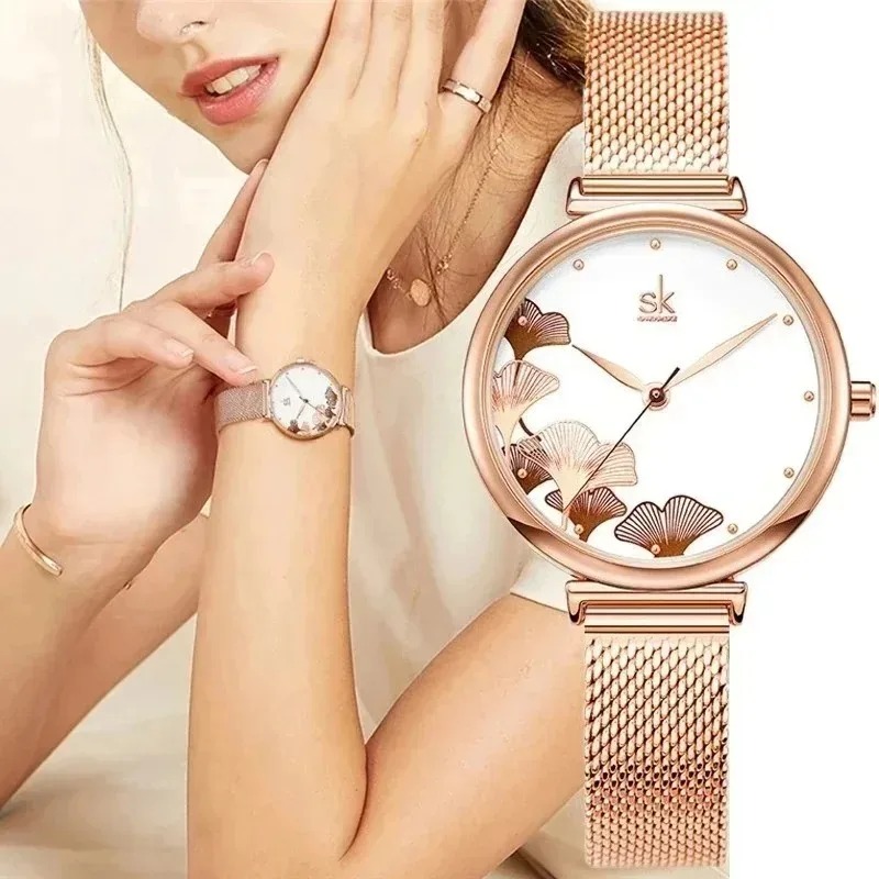 Luxury Watch Gift For Her - Luxe dameshorloge met ginkgo-motief, elegant, kwarts